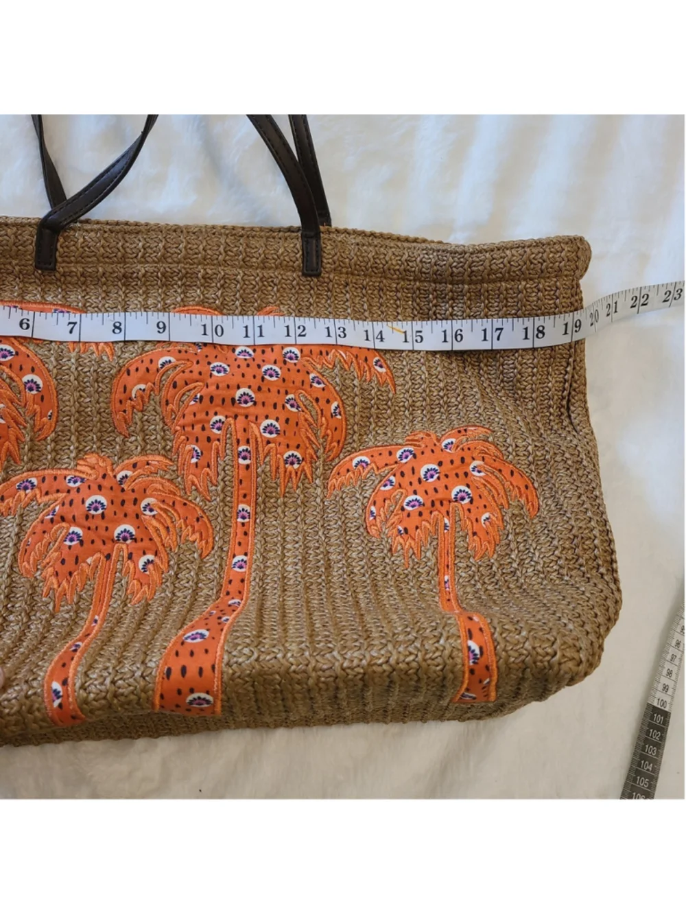 Vera Bradley Straw Large Tote Orange Applique Palm Tree Design Travel Beach Bag